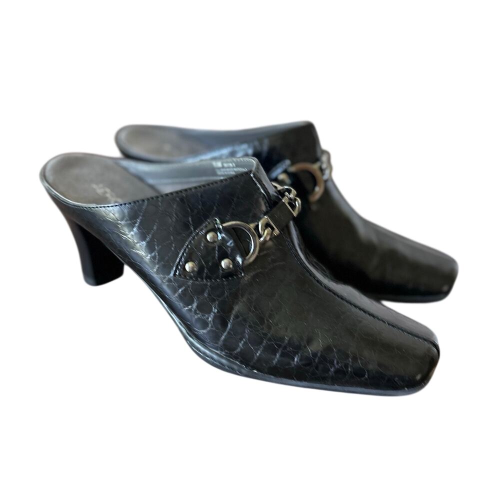 Vintage Aerosoles Black Croc Embossed Horsebit Y2K Heeled Mules 8.5